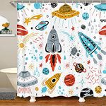 Outer Space Rocket Shower Curtain Galaxy Bath Curtain for Kids Boys Girl Cartoon Bathroom Accessories Universe Starry Sky Curtain Cosmos Blue Orange White Decor Shower Curtain,Colorful 72" W x 72" L