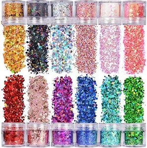 Warmfits Holographic Chunky Glitter 12 Colors Total 120g Face Body Eye Hair Nail Festival Chunky Holographic Glitter Different Size, Stars and Hexagons Shaped (Set A)