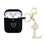 AIIEKZ Compatible with AirPods Earbuds Case Cover, Soft Silicone Charging Case with Gold Heart Pattern for AirPods 2&1 Generation Case with Rhinestone Studded Letter A-Z Keychain (L Black)