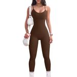 JN JANPRINT Cami Jumpsuits for Women Ribbed One Piece Spaghetti Straps Built-In Bra Bodysuit Casual Unitard Bodycon(Brown,M)