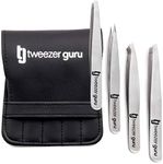 Tweezer Guru Eyebrow Tweezer Set for Women & Men - Professional Slant and Pointed Tweezers Set with Case - Precision Tweezers Kit for Facial Hair, Splinter and Ingrown Hair Removal (4 PC-W)