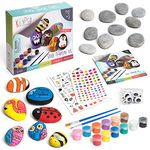 KipiPol Rock Painting Kit for Kids - DIY Arts and Crafts Set for Girls, Boys Ages 3, 4, 5 and Up - Fun Outdoor Activities w/10 Stones, 12 Acrylic Paints, 2 Brushes, 15 Googly Eyes, 2 Transfer Sheets