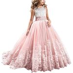 FYMNSI Flower Girls Long Dress Vintage Lace Floral Appliques Sleeveless First Communion Dress Kids Wedding Bridesmaid Pageant Party Prom Puffy Tulle Ball Maxi Gown for 2-13 Years