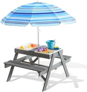 Beright 3-in-1 Kids Picnic Table, Play Sand and Water Sensory Table with Height Adjustable Umbrella & Removable Tabletop, Kids Wooden Outdoor Table, with 3 Storage Bins, Upgraded