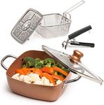 Moss & Stone Copper 5 Piece Set Chef Cookware, 9.5” Non Stick Pan, Deep Square Pan, Fry Basket, Steamer Rack, Dishwasher & Oven Safe, 5 Quart Copper Pot Set, Induction Copper Cookware Set