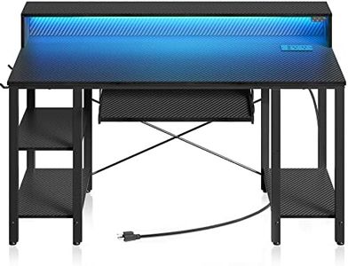 Rolanstar Computer Desk with LED Lights & Power Outlets, 55” Gaming Desk with Storage Shelves, Home Office Desk with Keyboard Tray & Monitor Stand, with Hooks, Carbon Fiber Surface Black