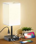 Touch Control Bedside Table Lamp with USB C & USB A Charging Port and AC Outlet, Minimalist LED Desk Light with Charger Base White Fabric Shade for Bedroom/Nightstand/Office