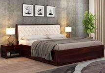 DRIFTINGWOOD Dolvi Solid Sheesham Wood King Size Bed with Storage | Wooden Double Bed Cot Bed with Box Storage & Upholstered Cushioned Headboard for Bedroom | Rosewood, Walnut Finish