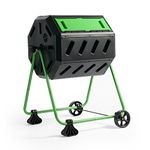 FCMP Outdoor HOTFROG Mobile 37-Gallon Dual Chamber Continuous Tumbling Composter with Wheels - Outdoor Rotating Garden Compost Bin, Black & Green