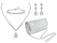 Subiceto 4 Pcs Silver Clutch Purse Jewelry Necklace Set for Women Evening Rhinestone Purse Silver Accessories for Women Bride Wedding Jewelry