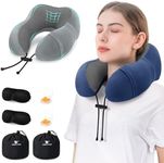 urnexttour Travel Pillow for Airplane Memory Foam Neck Pillow, 2 Pack Travel Pillow for Travelling with Eye Mask, Earplugs and Storage Bag, Sleeping Rest, Car, Train and Home Use Fleece, Blue & Grey