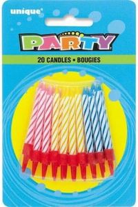 Unique Party - 1915C - Bougies d'Anniversaire à Rayures avec Bougeoirs - Coloris Aléatoire