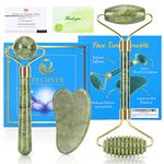 Jade Roller with Gua Sha Massage Set (3pcs) - Face Roller for Eye Puffiness Treatment, Skin Tightening, Face & Neck, Natural Jade Face Massager & Perfect Self Care Gifts for Women