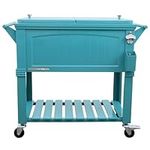 Permasteel 80-Qt Antique Patio Cooler for Outside | Outdoor Beverage Cooler Bar Cart, Rolling Cooler with Wheels and Handles, Wooden Teak Accent, Teal Blue-Green