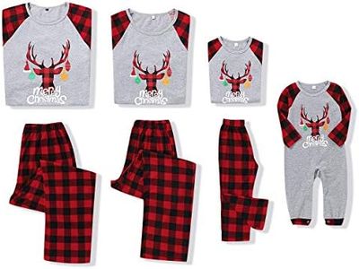 SANMIO Christmas Family Pajama Sets Matching Sleeve Blouse + Plaid Long Pants Nightwear Festival Outfits for Dad Mom Kids Girls Boys Baby, Woman-Gray/Red Christmas Elk L