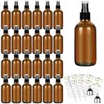 25 Pack 4oz Amber Glass Spray Bottles with Fine Mist Sprayers, Glass Travel Bottles for Cosmetic, Essential Oils, Cleaning Solutions, Perfumes & More Liquids (1 Brush, 2 Funnels and 36 Labels)