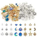 BetterJonny 130pcs Jewelry Charms, Star Moon and Sun Charms Pendant Fitting Enamel Charms for Jewelry Making Gold Silver and Blue…