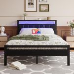 HOJINLINERO Full Size Bed Frame with Storage Headboard & LED Lights,Upholstered Bed Frame Full Size,Full/Double Bed Frame with Charging Station,No Box Spring Need,Heavy Duty Metal Slats,No Noise,Black