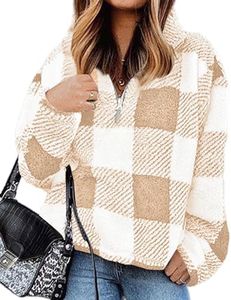 BTFBM Women Sherpa Pullover Quarter Zip Long Sleeve Fluffy Soft Fleece Jackets Sweaters Sweatshirts Hoodies Outwear Coat (Plaid Apricot, Small)