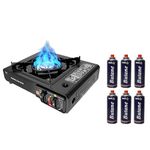 BisonBerg Stainless-Steel Mini Portable Camping Stove Stove 2900W with 8 Portable Butane Gas Canisters & Carrycase A8