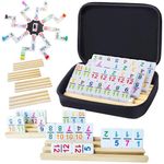 Soopotay Mexican Train Dominoes Set with Numbers & 8 Wooden Racks, Double 12 Dominos Travel Set with 91 Tiles, 8 Tiles Holders & Portable Case, Family Board Games (Number w/ 8 Racks)