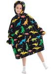 QPPIE Blanket Hoodie Kids Comfy Oodie Wearable Blanket Sherpa Warm Cozy Oversized Blanket Hooded Sweater for Boys Girls Teens Black-Dinosaur One Size Fits All