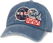 AMERICAN NEEDLE NASA Officially Licensed Iconic Patch Distressed Dad Buckle Strap Dad Hat, Navy (43910A-NASA), Iconic Patch (Navy), One Size