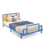 COSTWAY Kids Single Bed Frame, 3ft Metal Toddler Beds Platform with Slat Support, Padded Headboard, No Box Spring Needed