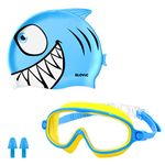 SLOVIC Yellow Goggles with Blue Shark Printed Swimming Caps for Kids | Waterproof | Anti-Fog Glasses | Perfect Fit for Boys & Girl | Swimming Caps for Kids 6-14 | No Hair Pulling | Free Size Cap