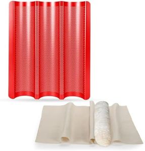 Barlket Baguette Bread Pan for Baking – Nonstick Perforated French Bread Pan, 3 Wave Thickened Carbon Steel Baguette Tray for Homemade French Baguettes, Garlic Bread, and Sandwich Rolls, Red