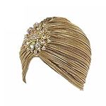 ILUFAM Women Vintage Turban Hat with Rhinestones Flower Decoration Beanie Cap Headwrap for 1920s Gatsby Costume Cocktail Party (Gold)