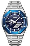 V2A Allure Octagonal Screw Case Analogue-Digital Watch for Men, Stainless Steel Band, 30M Water Resistant, 5 Alarms, World Time, Countdown, Stopwatch Men Watch | Birthday Gift for Men (M-Silver-Blue)