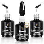 Gleevia 3Pcs 15ml Pure Black Jelly Gel Polish with No Wipe Glossy Top Coat and Base Coat Combo Set Manicure Salon DIY Gel Nail Art Design Decoration Gift for Her