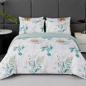 Juego de Funda Nordica Cama 135/150 Patrón de Hojas de Eucalipto Verde Funda Edredon 220x240 cm y 2 x Fundas de Almohada de 50x75 cm Fundas Nórdicas Floral Suave 100% Microfibra, Blanco Verde