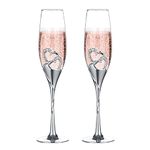 Silver Creative Heart Set with Diamonds Champagne Flutes - Wedding Glasses for Bride & Groom - Toasting Cups Gift Sets for Couples - Engagement, Wedding, House Warming Gift