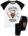 Stranger Things Kids Pyjama Set | Hellfire Club Short Sleeve T-Shirt and Black Loungepants PJs For Boys & Girls | Eddie Eleven Mike Dustin Max Members | Co-Ord Nightwear Netflix Series Merchandise