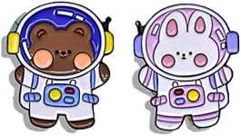 LIUJINCAN (2PCS) Cute Space Bear and Rabbit Enamel Pins Set, Cartoon Animal Lapel Brooches Women Girls Accessory for Backpacks Clothing, Hats and Bags