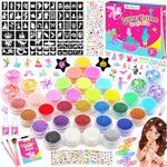 Glitter Tattoos Kit for Kids, Kids Glitter Tattoo Set Incl. Chunky Glitter Gel, Rhinestones, Makeup Glitters, Stencils, Art and Craft Gift for Kids Age 6-12, Birthday Gift for 6 7 8 9 10 Year Old Girl