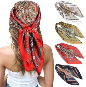 CHLINS 27 Inches Silk Feeling Square Head Scarf - 4 Pcs Satin Square Head Scarves for Women Hair Bandanas (Navy Blue+Off-White+Red+Olive Green)