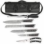 Chef Knife Set, 8 Pieces Damascus Steel Knives with Portable Knife Roll Storage Bag, Knife Blade Guards, Carving Fork, Knife Sharpener and Kitchen Shears for Outdoor Camping BBQ Travel