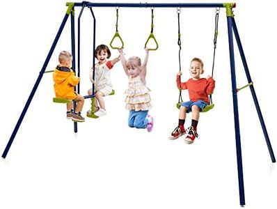 Maxmass Kids Swing Set, Metal Outdoor Swing Frame with Adjustable Swing, Backyard Garden Swing Playground Playset for Children (3-in-1 with Glider and 2 Gym Rings)
