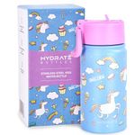 Hydrate Stainless Steel Water Bottle Kids - 400 ml Stainless Steel, Leakproof - Safe to Use - Easy Grip for Children - Double Walled - Includes Cute and Fun Design - 18 x 9 cm - Unicorn Print