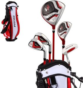 Precise X7 Kids Golf Clubs Set – Boys’ & Girls’ Junior Golf Set with Lightweight Graphite Shafts, Hybrid, Putter & Stand Bag - Red Ages 6-8 – Right-Handed