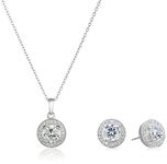 Amazon Collection Sterling Silver Cubic Zirconia Halo Pendant Necklace and Stud Earrings Jewelry Set