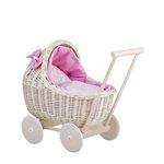 Natural Wicker Dolls Pram Vintage Dolls Pushchairs on Wooden Wheels Pram for Dolls Handmade Toy Buggy Baby Doll Stroller Retro Style Doll Pram with Pink Bedding