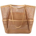 Ayieyill Mesh Beach Bag Tote Bag for Women, Foldable Swim Large Beach Tote Bag with Zipper Pockets Waterproof Sandproof, Khaki, Large, Mesh