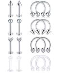 Rajnard 16Pcs Silver Tragus Helix Earrings Lip Labret Stud 16G Surgical Steel Clear CZ Horseshoe Ring Body Jewelry Piercing for Women Men 8mm