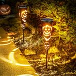 FLOWood 2Pack Solar Pumpkin Stake Lights for Halloween Decorations Outdoor, Halloween Lights, Light up Pumpkin Decorations, Solar Pathway Lights for Halloween Party Porch Yard Decor