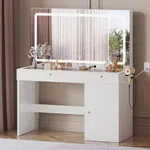 DWVO 47" W Vanity Desk with LED Light and Power Outlets, Large Makeup Vanity with Dividers and Hair Dryer Rack, 3 Level Storage Dresser Makeup Vanities Dressing Table for Bedroom, White