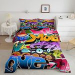 Hippie Graffiti Duvet Insert Teens Boys Hip Hop Sports Duvet for Kids Youth Colorful Alphabet Graffiti Duvet Cover Abstract Art Quilted Duvet Set Multicolor Double Size